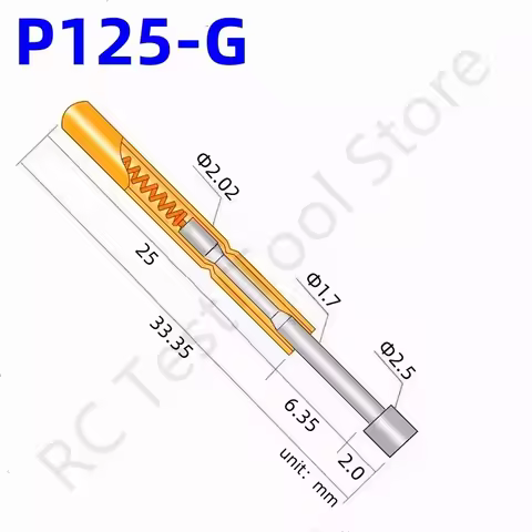 100PCS P125-G Spring Test Probe Test Pin Pogo Pin PCB Test Tool Total Length 33.35mm Pin Dia 2.02mm 