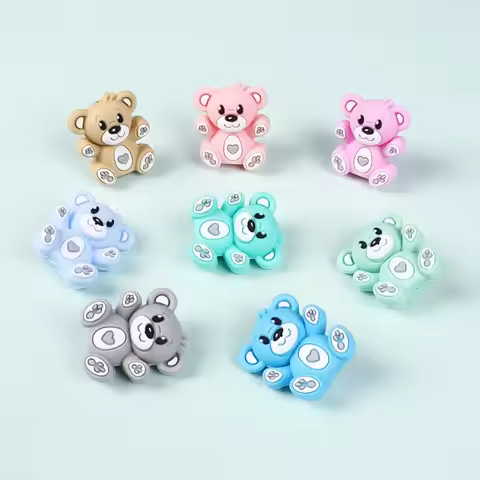 DW29 5Pcs Cute Bears Charm Silicone Beads 3D Focal Bead Pen Making Jewelry Necklace DIY KeyChain Acc