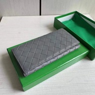 *** bv Braided Cowhide Middle Grid Diamond Half Fold Long Wallet Men Women Wallet Genuine Leather Lo