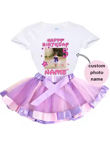 Girl Tutu Set Personalized T Shirt Photo Birthday Outfit Custom Name Shirt Girl Outfit Shirt Set Rai