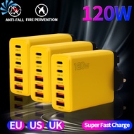 120W QC3.0 High-Speed Charging Data Cord - 6-Port USB-A USB-C Charger - EU US UK Travel Charging Set