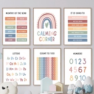 Color Alphabet Shapes Math Count 100 Months Planets Rainbow Kids Education Art Canvas Poster Prints 