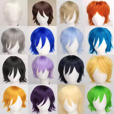 Synthetic Unisex 12 Inches Short Cosplay Hair Party White Red Pink Blonde Orange Yellow Wigs with Ba