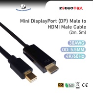 ZOGUO Mini DP Male to HDMI Male Cable (2M, 5M) [30AWG 4K/60Hz]