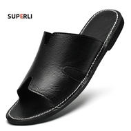 SUPERLI 2025 Men Genuine Leather Slipper Summer Fashion Slides Simple Sandals Comfortable Cool Beach