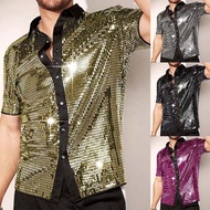 Men Performance Shirt   Single-breasted Long Sleeves Satin Club Party 70s Disco Stage Show Shirt