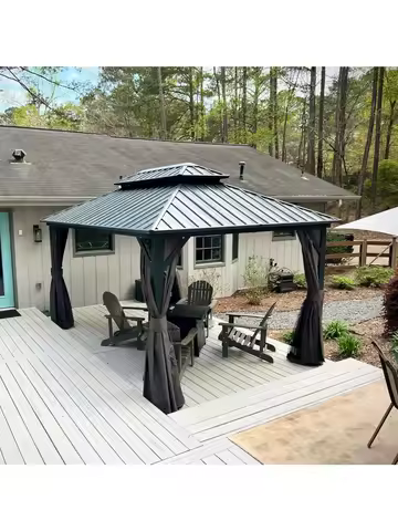 10' X 12' Hardtop Gazebo, Aluminum Metal Gazebo with Galvanized Steel Double Roof Canopy, Curtain an