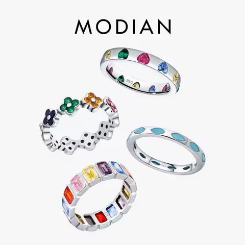MODIAN 925 Sterling Silver Original Design Four Leaf Clover Heart CZ Eternity Band Stackable Fashion