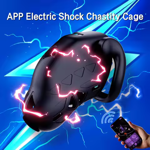 BDSM Community APP Controlled Male Chastity Cage with Electric Shock & Urethral Tube, ABS Plastic An