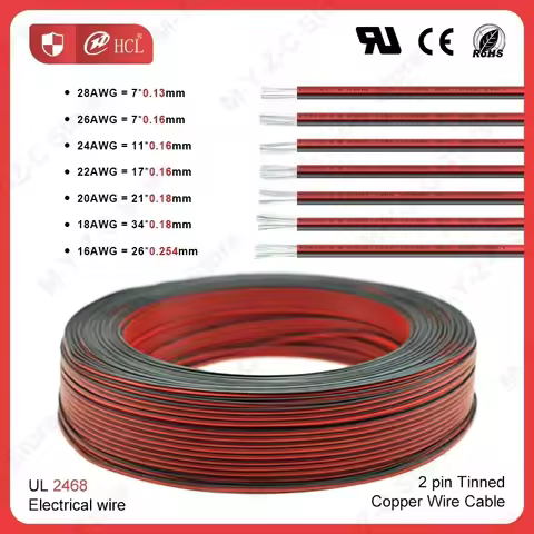 5m-100m 2 Pin Electrical Wires UL2468 28/26/24/22/20/18/16 AWG Red Black Cable Speaker Wire For LED 