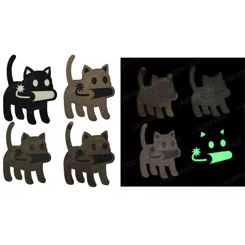 Funny Camo Cat Bite Bomb Reflective Patch Glow In The Dark Tactical Badge Applique With Hook Loop (C
