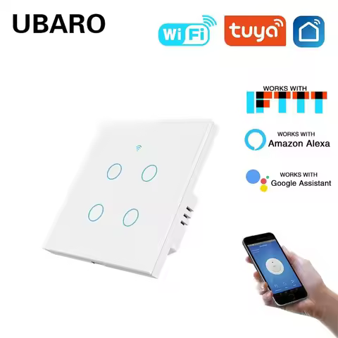 UBARO 86×86mm 1/2/3/4 Gang WiFi Smart Touch Switch, Tuya App/Voice Control, Timer, 2-Way/1-Way, Neut