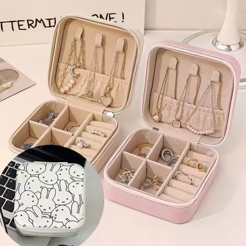 Miffy Cartoon Organizer for Earrings Rings Necklaces Rabbit Storage Box Mirror Card Looking Portable