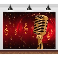 Golden Microphone Party Banner Backdrop Karaoke Party Glitter Red DJ Stage Background 80'S 90'S Hip 