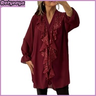 Women Shirt V-Neck Long Sleeve Ruffle Trim Chiffon Shirt Single Breasted Loose Fit Solid Color Shirt