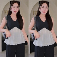 Thealner-AN757 (Two-Tone White Sleeveless Collar Shirt And Long Pants Set)