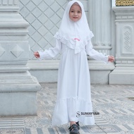 Gamis Putih Anak Motif Polos Lengan Panjang dengan Hijab Rayon Twill Premium Usia 3-10 Tahun