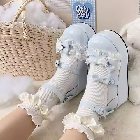 Lovely Girls Lolita Flat Platform ,Female Students Sweet Lace Strawberry Heart Bowknots Marry Jane E