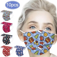 10Pcs คริสต์มาสหน้ากากใบหน้าผู้ใหญ่ Disposable Face Mask หน้ากากคริสต์มาสพิมพ์ฝุ่น3ply หู Loop Unisex ปากใหม่ปีของขวัญ