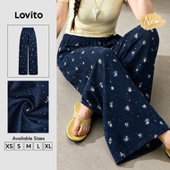 (New Arrival) Lovito Casual Pants 90s Retro Flowers Leisure Spring/summer Navy Blue Pants for Women 