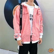 ❋Ready Stock❋ korean style jaket jeans lelaki Autumn and Winter New Pink Denim Jacket Men's Korean Fashionable Hooded Handsome Jacket Male Student Loose Outerwear