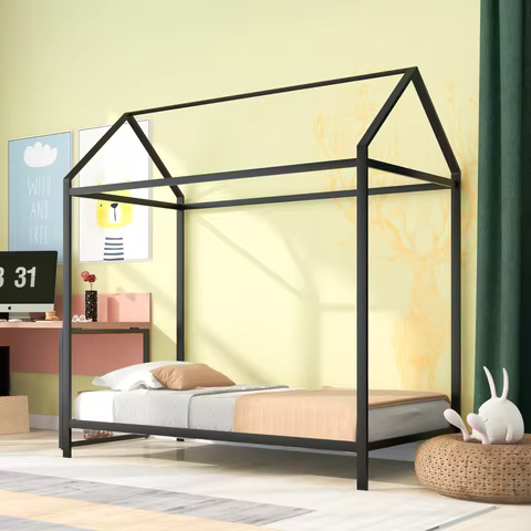 House Bed Frame Twin Size , Kids Bed Frame Metal Platform Bed Floor Bed for Kids Boys Girls No Box S