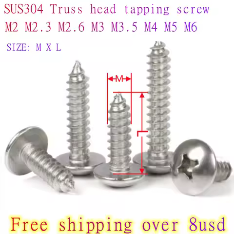 10-100pcs M2 M2.3 M2.6 M3 M3.5 M4 M5 M6 Stainless steel Phillips Truss Head Self Tapping Screws Mush