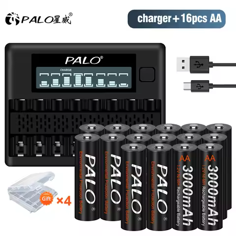 PALO 1.2V AA Rechargeable Battery 3000mAh 2A NI-MH Battery And Smart Battery Charger For 1.2V AA AAA