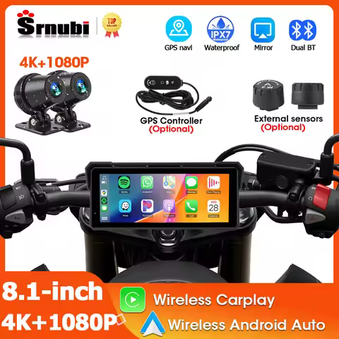 Srnubi 8.1-inch Motorcycle Dash cam GPS Navigation 4K+1080P Moto DVR Carplay Android Auto Recorder V