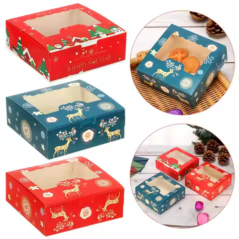 1/10pcs Christmas Cardboard Cake Boxes 4 Cup Cake Packaging Box Biscuit Nougat Chocolate Candy Gift 