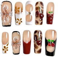 Handmade Press On Nails Square 3D Floral Cherry Blossom Leopard French Fake Nails wtih Design Reusab