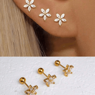 3Pcs Stainless Steel Marquise CZ Five Petal Flower Barbell Stud Srecw Ball Flat Back Stud Earring Fo