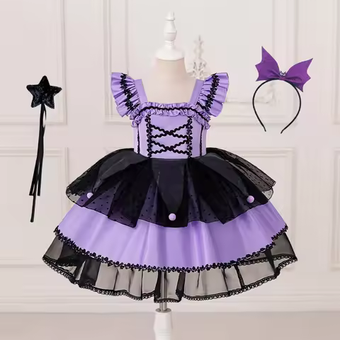 Girls Purple Lolita Cosplay Dress Black Heart Tulle Layered Cake Skirt Kids Halloween Carnival Birth