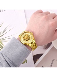 MEGIR Megir男士豪華防水大錶盤自動機械錶,不鏽鋼藍寶石金色商務手錶,reloj Hombre