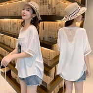 Summer Korean Version Large Size Loose Half-Sleeved T-Shirt Women Lace Stitching Gauze Halter Top