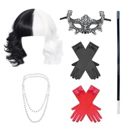 Cruella De Vil Cosplay Wig Props Cruly Half Black And Half White Heat Resistant Hair Wigs Mask Glove