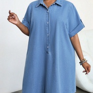 Women Plus Size Blue Denim Shirt Style Loose Fit Short Dress Summer Summer Outfits For Women Vacatio