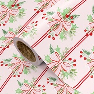 TEMU 1 Roll Of Pink Christmas Wrapping Paper | Checkered Bow & Holly Leaf Design Suitable For Christ