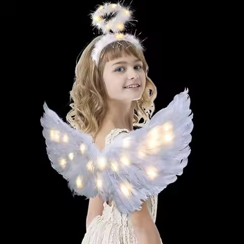 LED Angel Wings and Halo, Light Up Angel Halo White Fairy Cupid Wings Christmas Costume for Girls Ki