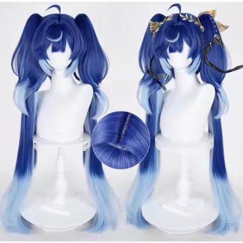 Wuthering Waves Iuno Cosplay Wig Blue Ombre Ponytail Heat Resistant Synthetic Hair Tiger Clips Hair