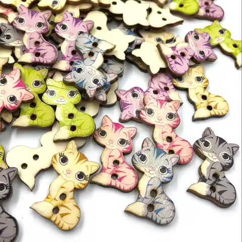50pcs Cat Painted Wooden Buttons Decorative buttons For Sewing Scrapbooking Crafts 26x16mm WB522