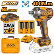 บล็อกกระแทก ประแจ ไร้สาย 20V ขนาด 1/2 นิ้ว BL Motor แรงบิดสูงสุด 400 นิวตันเมตร INGCO รุ่น CIWLI2040