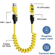 SPRING DATA CABLE 1.5m 4 in 1 65W 6A Fast Quick Charging Silicone Spiral Cable type C 65W + PD 27W