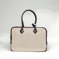 HERMES 46烏木色Box皮帆布框F銀扣Plume手提包32