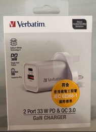 全新 Verbatim 2 Port 33W PD &amp; QC 3.0 GaN充電器