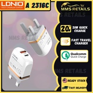 Original LDNIO A2316C TYPE-C PD+QC 3.0 QUICK CHARGING 2-PORT QUICK ADAPTER UK 3pin plug Type-C charg