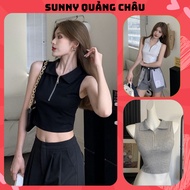 Korean style active sporty zip-up polo collar crop top AT69