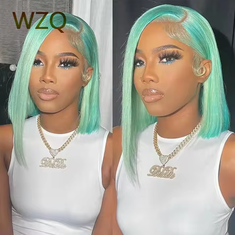 Short Bob 13x4 Mint Green Lace Front Wigs Brazilian Remy Transparent Lace Frontal Wig 180% Density H