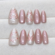 Fake Nails with Sticker Glue Ice Mist and Bean Sand Color Press on Nails Cat Eye FM104