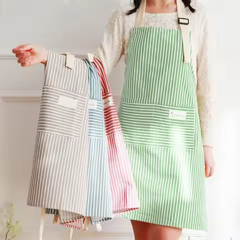 Cotto Linen Striped Apron With Thin Cotton Fabric Waistband For Stain Oil Resistance Coffee Overalls